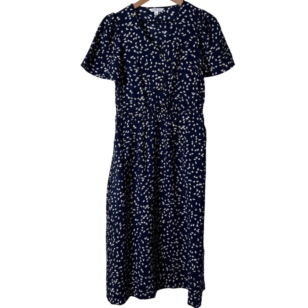 Ophelia Roe Womens Midi Shirt Dress Size S Navy Daisy Print Cottagecore Country